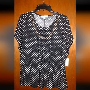 Sweet Violet Blouse With Cap Sleeve, NWT, Size 3X Polka Dot Print, Necklace